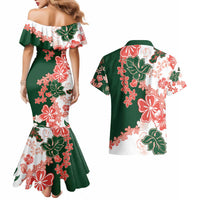 Green Orange Hibiscus Plumeria Floral Couples Matching Mermaid Dress and Hawaiian Shirt - Polynesian Pride