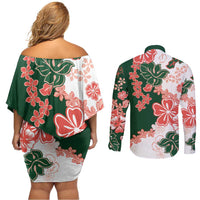 Green Orange Hibiscus Plumeria Floral Couples Matching Off Shoulder Short Dress and Long Sleeve Button Shirt - Polynesian Pride