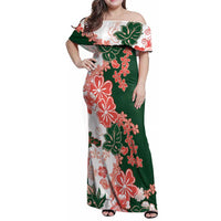 Green Orange Hibiscus Plumeria Floral Family Matching Off Shoulder Maxi Dress and Hawaiian Shirt - Polynesian Pride