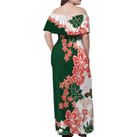 Green Orange Hibiscus Plumeria Floral Family Matching Off Shoulder Maxi Dress and Hawaiian Shirt - Polynesian Pride
