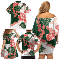 Green Orange Hibiscus Plumeria Floral Family Matching Off Shoulder Short Dress and Hawaiian Shirt - Polynesian Pride