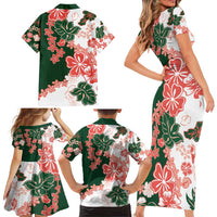 Green Orange Hibiscus Plumeria Floral Family Matching Short Sleeve Bodycon Dress and Hawaiian Shirt - Polynesian Pride