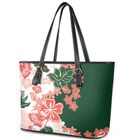 Green Orange Hibiscus Plumeria Floral Leather Tote Bag - Polynesian Pride