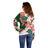 Green Orange Hibiscus Plumeria Floral Off Shoulder Sweater - Polynesian Pride