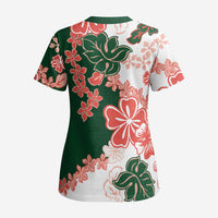 Green Orange Hibiscus Plumeria Floral Scrub Top - Polynesian Pride