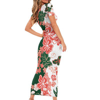 Green Orange Hibiscus Plumeria Floral Short Sleeve Bodycon Dress - Polynesian Pride