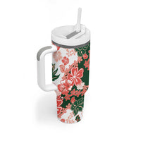 Green Orange Hibiscus Plumeria Floral Tumbler With Handle - Polynesian Pride