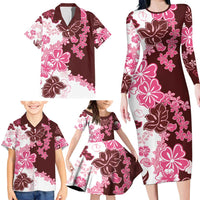 Pink Hibiscus Plumeria Floral Family Matching Long Sleeve Bodycon Dress and Hawaiian Shirt - Polynesian Pride