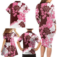 Pink Hibiscus Plumeria Floral Family Matching Long Sleeve Bodycon Dress and Hawaiian Shirt - Polynesian Pride