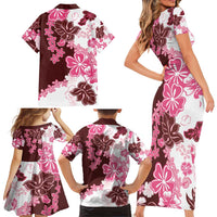 Pink Hibiscus Plumeria Floral Family Matching Short Sleeve Bodycon Dress and Hawaiian Shirt - Polynesian Pride