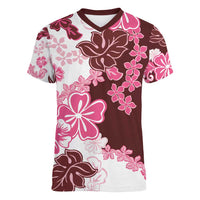 Pink Hibiscus Plumeria Floral Women V-Neck T-Shirt - Polynesian Pride