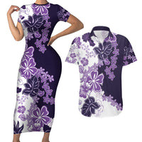 Purple Hibiscus Plumeria Floral Couples Matching Short Sleeve Bodycon Dress and Hawaiian Shirt - Polynesian Pride