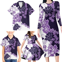 Purple Hibiscus Plumeria Floral Family Matching Long Sleeve Bodycon Dress and Hawaiian Shirt - Polynesian Pride
