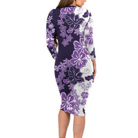 Purple Hibiscus Plumeria Floral Family Matching Long Sleeve Bodycon Dress and Hawaiian Shirt - Polynesian Pride