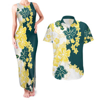 Yelow Teal Hibiscus Plumeria Floral Couples Matching Tank Maxi Dress and Hawaiian Shirt - Polynesian Pride