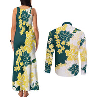 Yelow Teal Hibiscus Plumeria Floral Couples Matching Tank Maxi Dress and Long Sleeve Button Shirt - Polynesian Pride