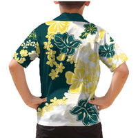 Yelow Teal Hibiscus Plumeria Floral Family Matching Mermaid Dress and Hawaiian Shirt - Polynesian Pride