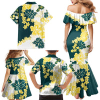 Yelow Teal Hibiscus Plumeria Floral Family Matching Mermaid Dress and Hawaiian Shirt - Polynesian Pride