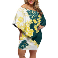 Yelow Teal Hibiscus Plumeria Floral Family Matching Off Shoulder Short Dress and Hawaiian Shirt - Polynesian Pride