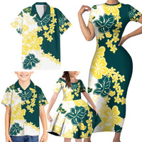 Yelow Teal Hibiscus Plumeria Floral Family Matching Short Sleeve Bodycon Dress and Hawaiian Shirt - Polynesian Pride