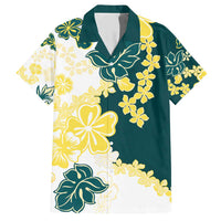Yelow Teal Hibiscus Plumeria Floral Family Matching Short Sleeve Bodycon Dress and Hawaiian Shirt - Polynesian Pride