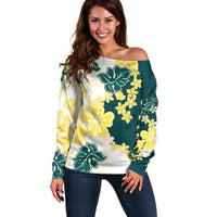 Yelow Teal Hibiscus Plumeria Floral Off Shoulder Sweater - Polynesian Pride