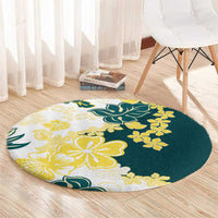 Yelow Teal Hibiscus Plumeria Floral Round Carpet - Polynesian Pride