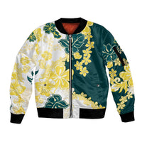 Yelow Teal Hibiscus Plumeria Floral Sleeve Zip Bomber Jacket - Polynesian Pride