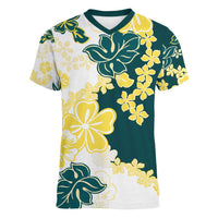 Yelow Teal Hibiscus Plumeria Floral Women V-Neck T-Shirt - Polynesian Pride