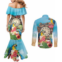 Personalized It's 5 o'clock Somewhere Couples Matching Mermaid Dress and Long Sleeve Button Shirt Hawaiian Tropical Parrots - Polynesian Pride