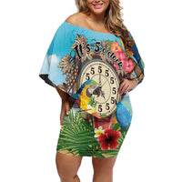 Personalized It's 5 o'clock Somewhere Family Matching Off Shoulder Short Dress and Hawaiian Shirt Hawaiian Tropical Parrots - Polynesian Pride