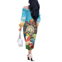 Personalized It's 5 o'clock Somewhere Off The Shoulder Long Sleeve Dress Hawaiian Tropical Parrots - Polynesian Pride