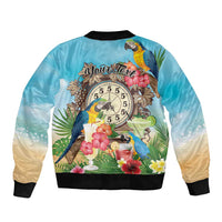 Personalized It's 5 o'clock Somewhere Sleeve Zip Bomber Jacket Hawaiian Tropical Parrots - Polynesian Pride