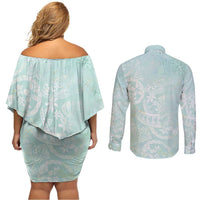 Polynesian Tiare Monstera Seafoam Green Couples Matching Off Shoulder Short Dress and Long Sleeve Button Shirt Liquid Style - Polynesian Pride