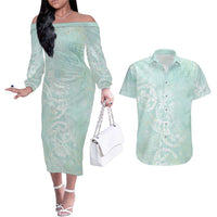 Polynesian Tiare Monstera Seafoam Green Couples Matching Off The Shoulder Long Sleeve Dress and Hawaiian Shirt Liquid Style - Polynesian Pride
