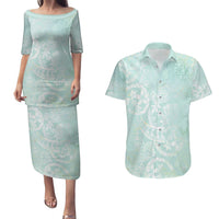 Polynesian Tiare Monstera Seafoam Green Couples Matching Puletasi and Hawaiian Shirt Liquid Style - Polynesian Pride