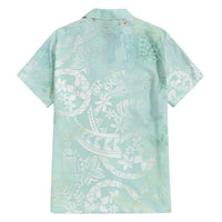 Polynesian Tiare Monstera Seafoam Green Family Matching Off The Shoulder Long Sleeve Dress and Hawaiian Shirt Liquid Style - Polynesian Pride