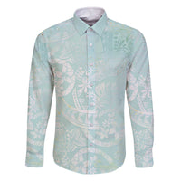 Polynesian Tiare Monstera Seafoam Green Family Matching Off The Shoulder Long Sleeve Dress and Hawaiian Shirt Liquid Style - Polynesian Pride