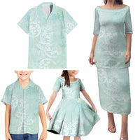 Polynesian Tiare Monstera Seafoam Green Family Matching Puletasi and Hawaiian Shirt Liquid Style - Polynesian Pride
