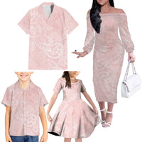 Polynesian Tiare Monstera Soft Pink Family Matching Off The Shoulder Long Sleeve Dress and Hawaiian Shirt Liquid Style - Polynesian Pride