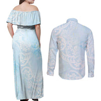 Polynesian Tiare Monstera Baby Blue Couples Matching Off Shoulder Maxi Dress and Long Sleeve Button Shirt Liquid Style - Polynesian Pride