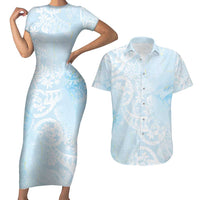 Polynesian Tiare Monstera Baby Blue Couples Matching Short Sleeve Bodycon Dress and Hawaiian Shirt Liquid Style - Polynesian Pride