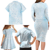 Polynesian Tiare Monstera Baby Blue Family Matching Long Sleeve Bodycon Dress and Hawaiian Shirt Liquid Style - Polynesian Pride