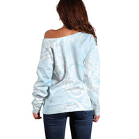 Polynesian Tiare Monstera Baby Blue Off Shoulder Sweater Liquid Style - Polynesian Pride