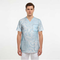 Polynesian Tiare Monstera Baby Blue Scrub Top Liquid Style - Polynesian Pride