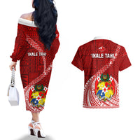 Tonga Rugby Couples Matching Off The Shoulder Long Sleeve Dress and Hawaiian Shirt Tongan Ngatu Pattern White Version LT01 - Polynesian Pride