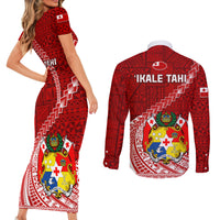 Tonga Rugby Couples Matching Short Sleeve Bodycon Dress and Long Sleeve Button Shirts Tongan Ngatu Pattern White Version LT01 - Polynesian Pride