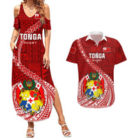 Tonga Rugby Couples Matching Summer Maxi Dress and Hawaiian Shirt Tongan Ngatu Pattern White Version LT01 Red - Polynesian Pride