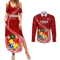 Tonga Rugby Couples Matching Summer Maxi Dress and Long Sleeve Button Shirts Tongan Ngatu Pattern White Version LT01 Red - Polynesian Pride