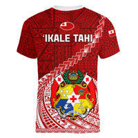 Tonga Rugby Women V Neck T Shirt Tongan Ngatu Pattern White Version LT01 - Polynesian Pride
